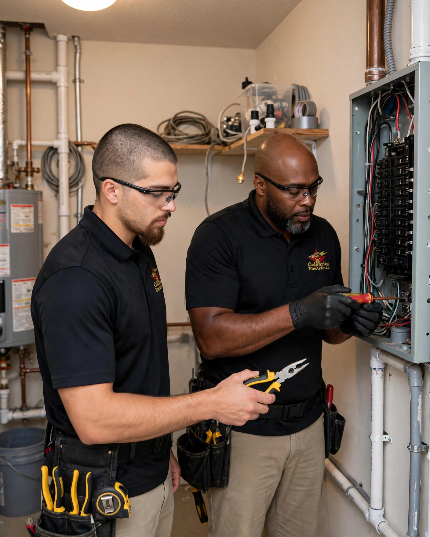 Celebrity Electric service illustration showing two electricians working at a residential panel